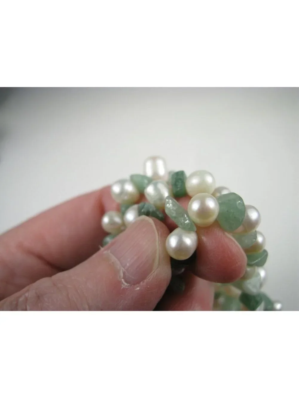 Vintage Multi Strand Jade Chip Freshwater Pearl Beaded Bracelet Silver Tone Box